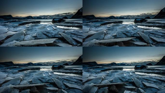 时间流逝追踪镜头-挪威罗弗滕群岛北极海岸的碎冰