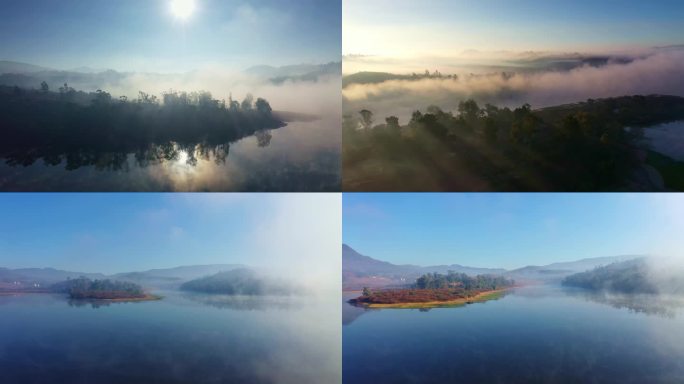湖边清晨薄雾航拍4K素材C段
