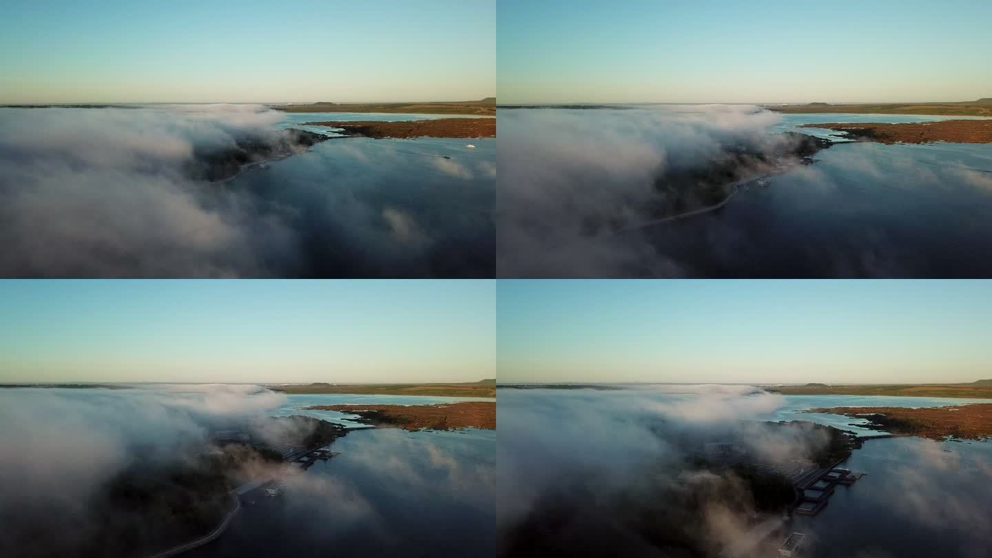 清晨湖泊航拍 平原起雾