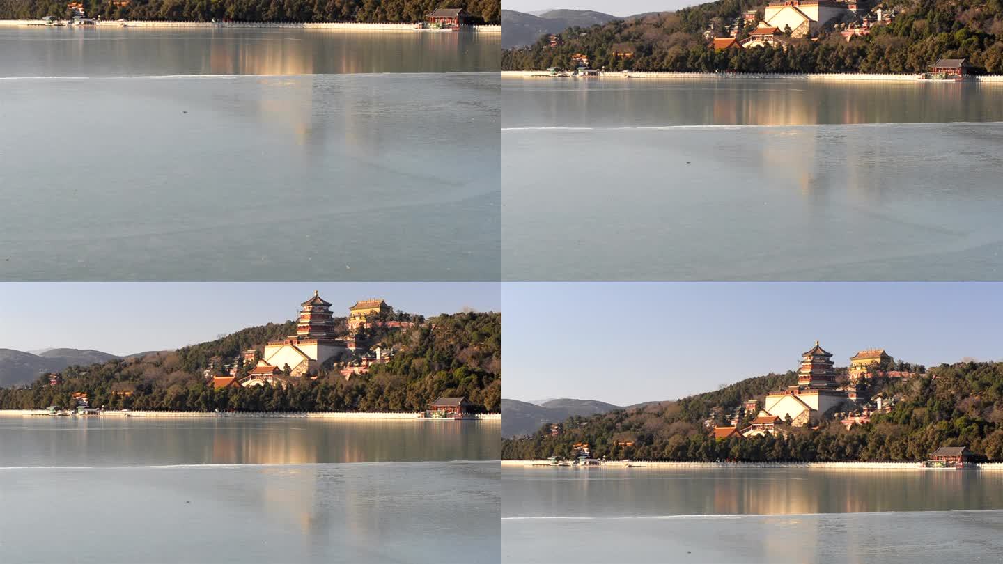 摇摄：北京颐和园上的佛岑湖显示冬季