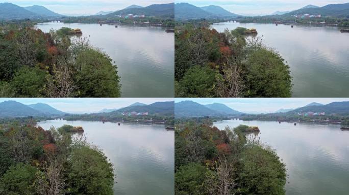 航拍杭州湘湖 湖中小岛和飞鸟