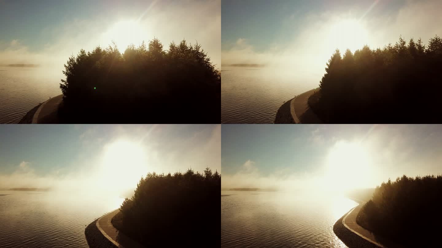 森林湖泊日出 清晨沿湖公路航拍