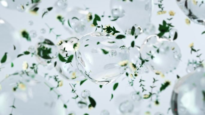 透明玻璃水珠气泡和花舞动三维动画广告素材