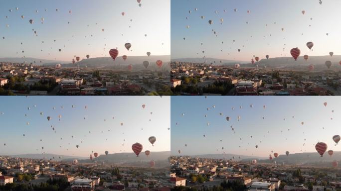 鸟瞰日出，热气球飞过标志性景观