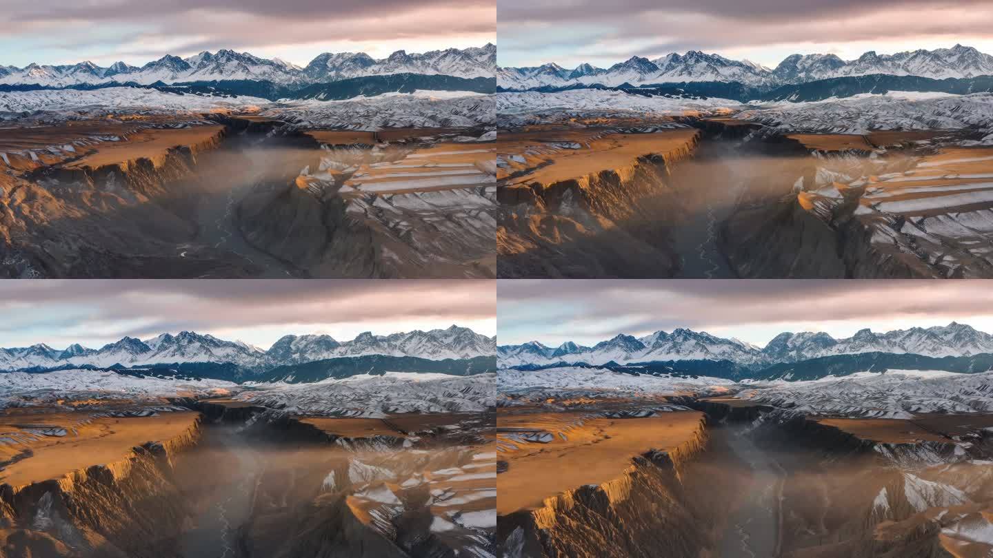 太阳斜射进峡谷大美新疆旅游宣传片山顶积雪