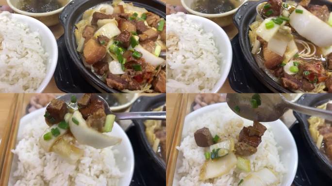 热气腾腾米饭砂锅台式卤肉饭勺子乘肉