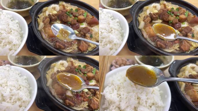 米饭砂锅台式卤肉饭慢动作勺子浇卤汁