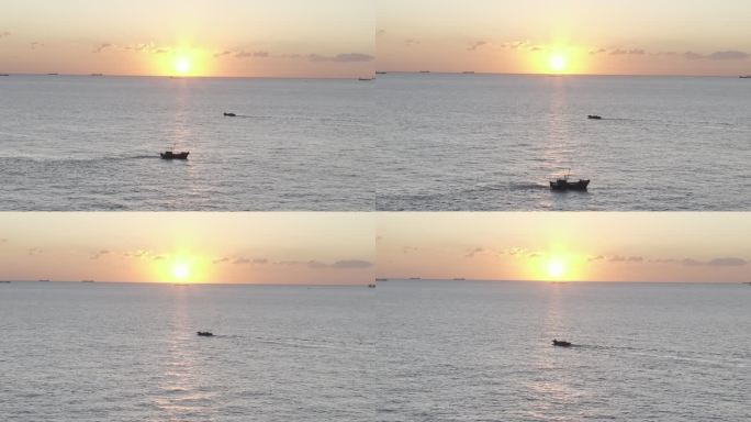 山东威海成山头海上日出渔船4K航拍