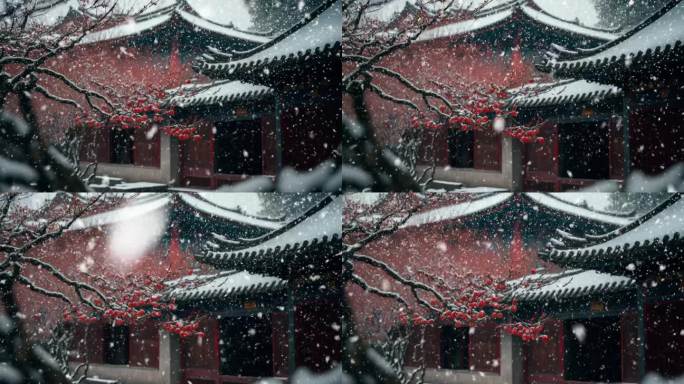 冬日中式庭院 柿子树 下雪 飘雪