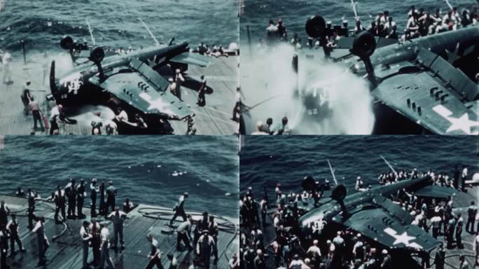 美军战机在甲板上坠毁