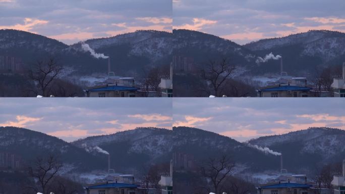 东北供暖期 雪后山景