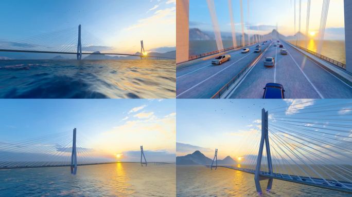 4K 落日余晖下的跨海大桥航拍素材
