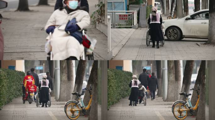 4K保姆推着坐轮椅的老人散步空镜