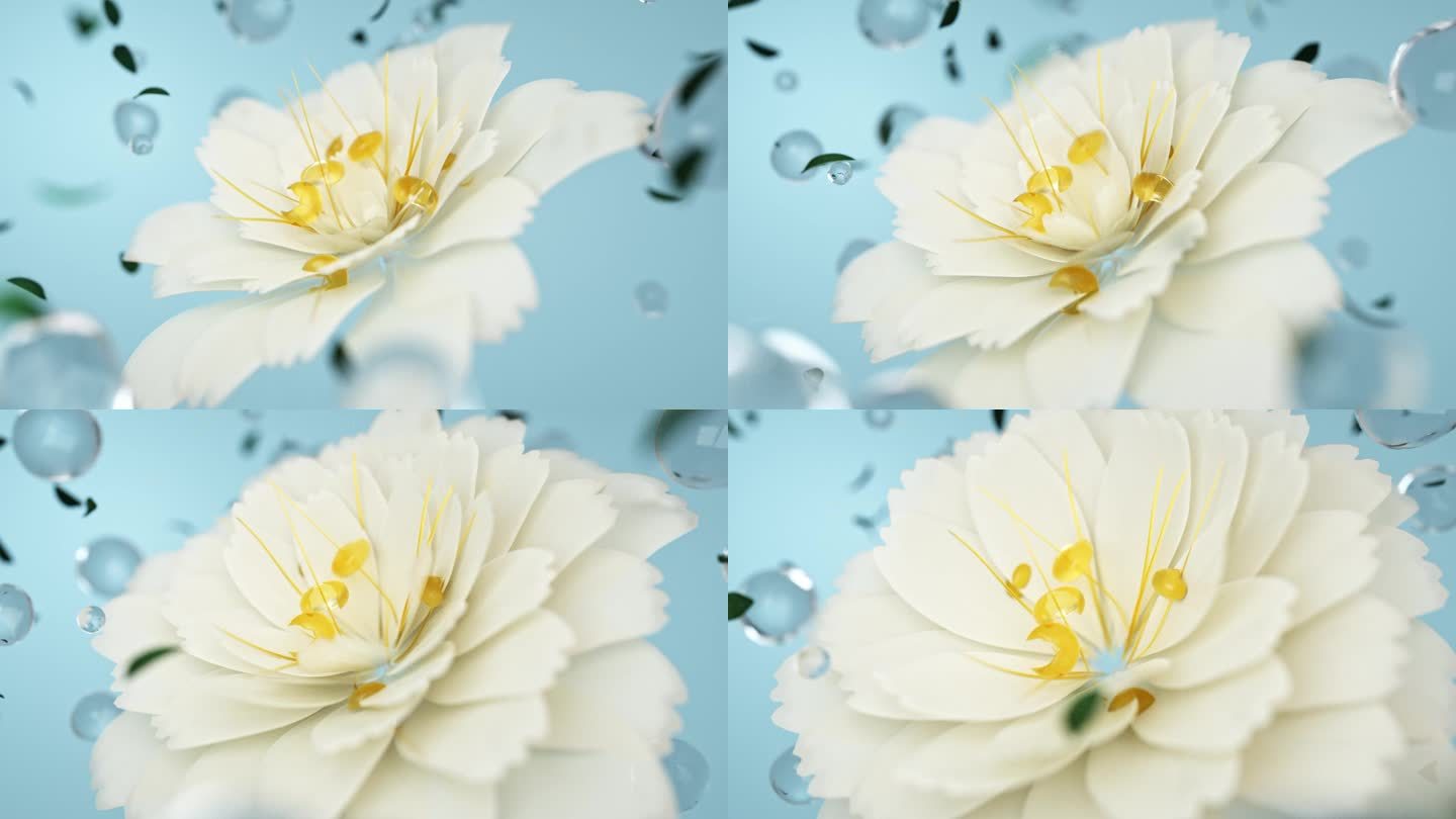纯白色花瓣和水分子3D广告素材三维动画