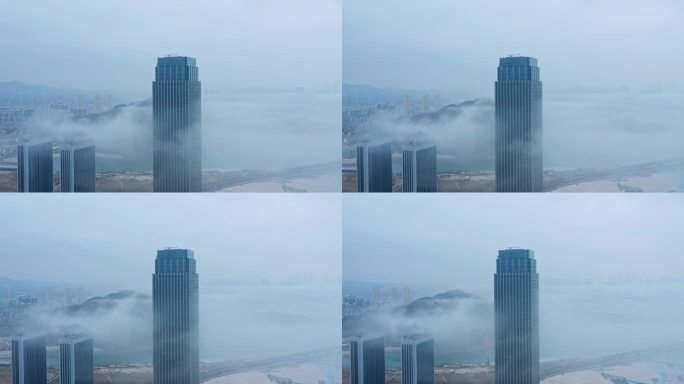 航拍城市平流雾