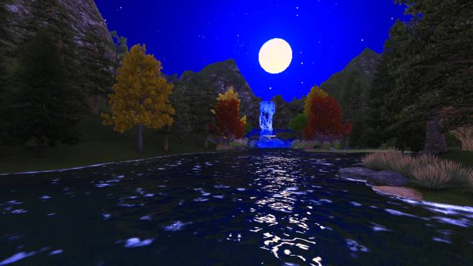 峡谷山谷瀑布河流动画-夜景