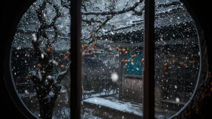 中式庭院窗外飘雪