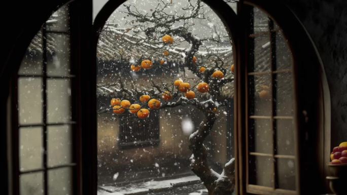 窗外的柿子树 窗外飘雪
