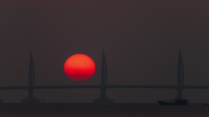 港珠澳大桥三帆 巨日 红日 日出延时4k