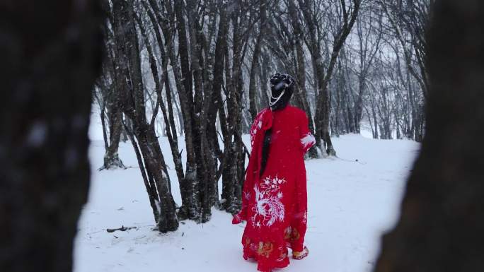 古代汉服女子雪中行走雪花飘飘