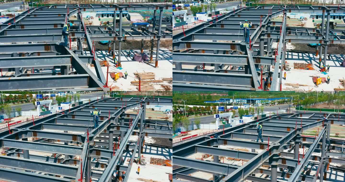 建筑工人高空作业建设高危钢架结构施工安全