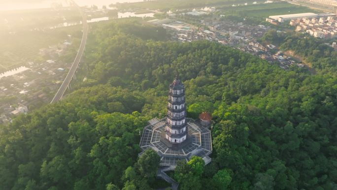 4k江门凌云塔古塔日出大景航拍