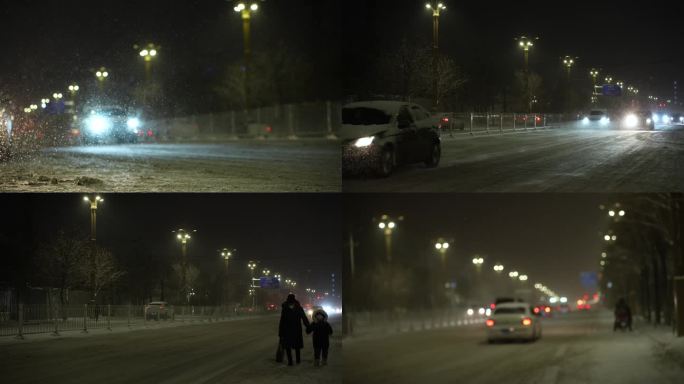 4K新疆冬天晚上大雪街道