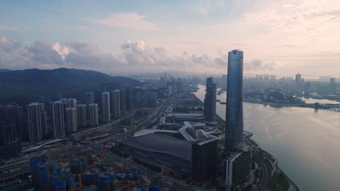 大湾区珠海横琴澳门城市日出航拍4k