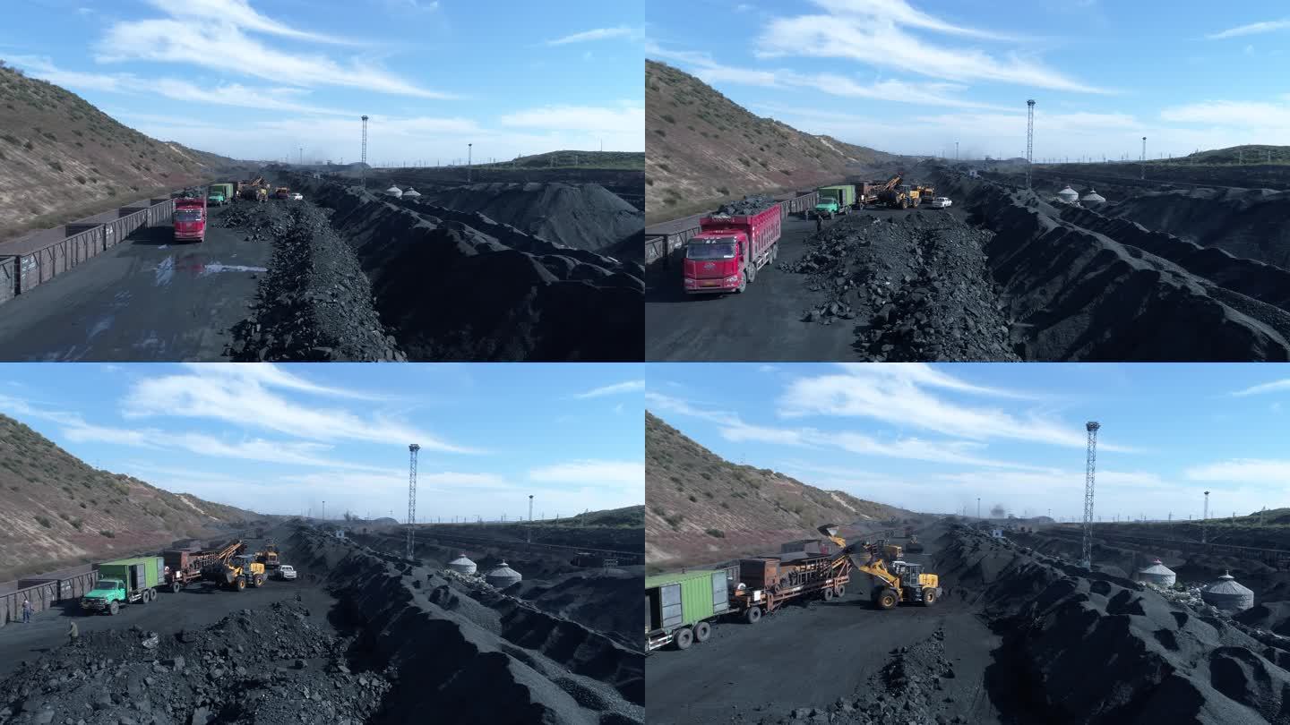 露天储煤场煤炭装卸运输货火车运输视频