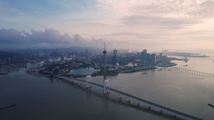 大湾区珠海横琴澳门城市日出航拍4k