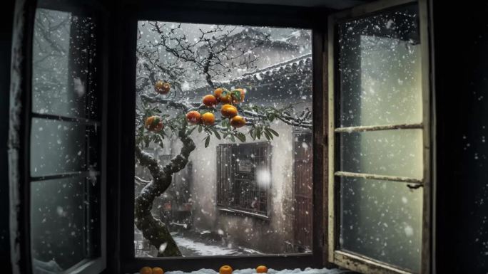 窗外飘雪 院子里的柿子树