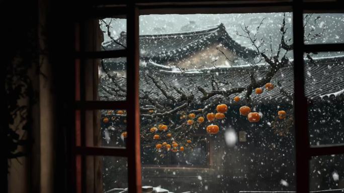 冬日庭院 窗外飘雪