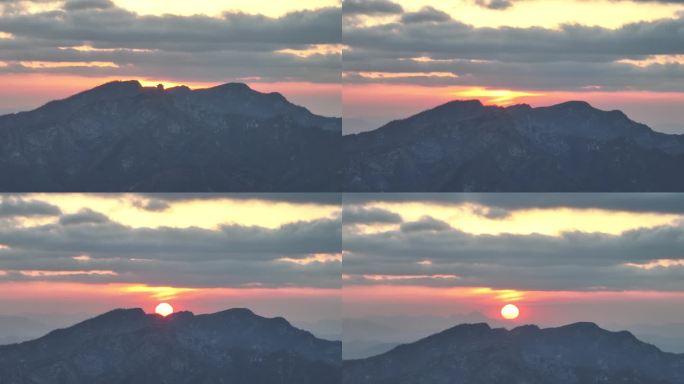 长焦航拍威海里口山山顶的夕阳