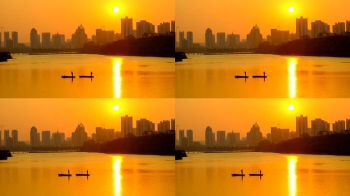 金色 阳光 湖面 河面 夕阳落日余晖小船