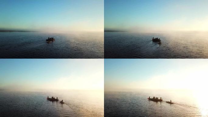 清晨渔船出海 湖泊日出航拍