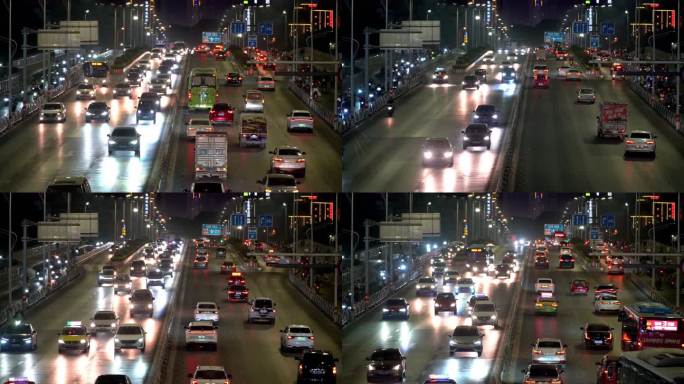 城市夜景车流灯光交通堵车道路实拍视频