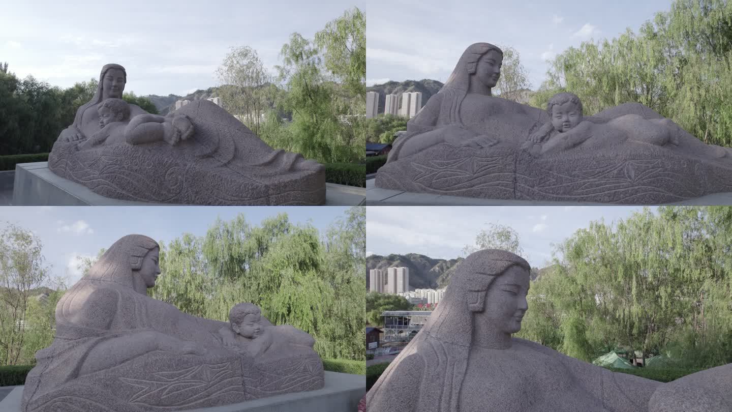 航拍兰州城市建设黄河母亲雕塑