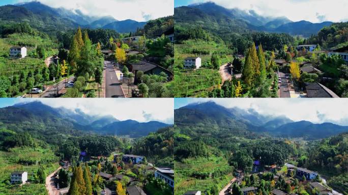 无人机在露天停车场升空鸟瞰云峰寺院全景