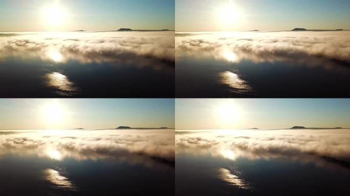 湖泊起雾日出航拍