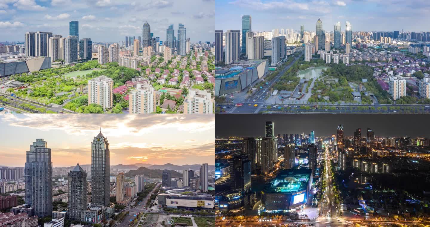 苏州 新区全景 航拍 延时 晚霞 夜景