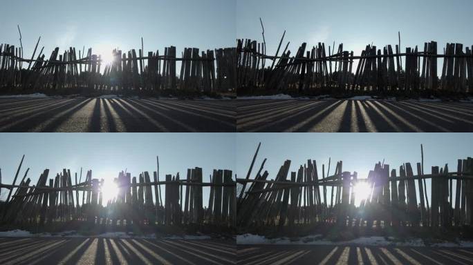 【4k】北方农村阳光下的木栅栏围栏远近镜