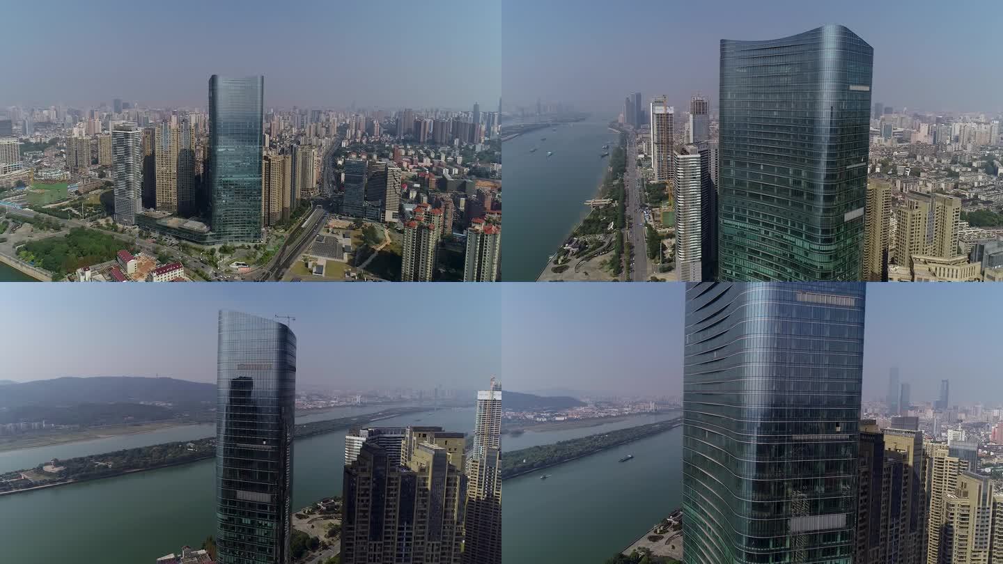 航拍长沙湘江沿岸繁华高楼街景