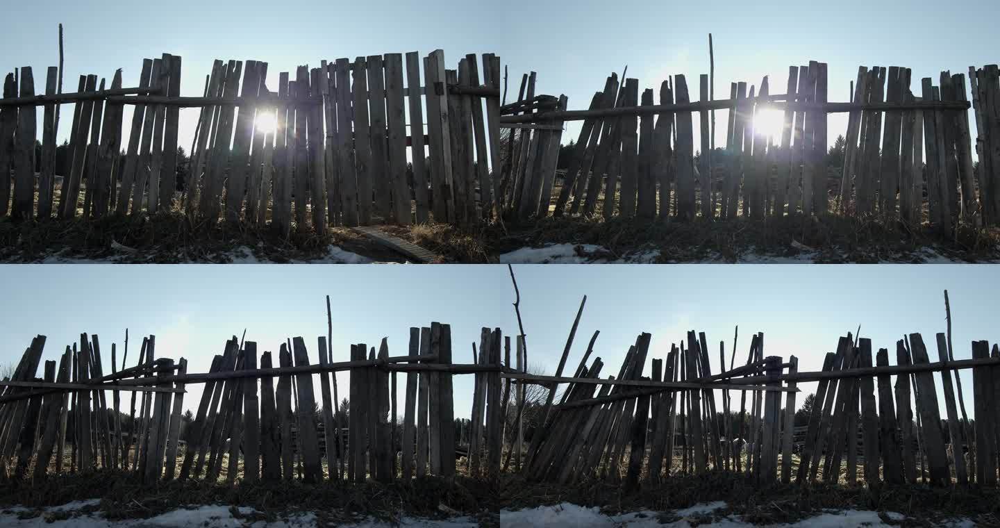 【4k】北方农村阳光下的木栅栏围栏右到左