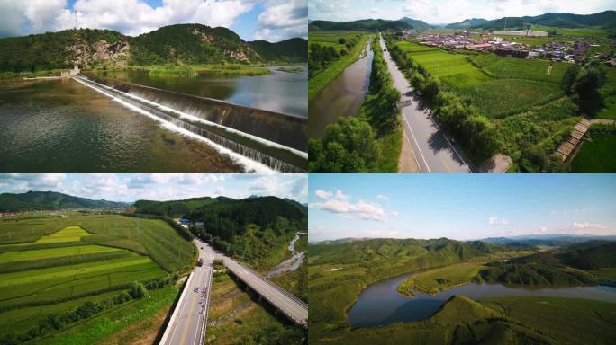 乡村振兴4K农村风景风貌航拍河流堤坝公路