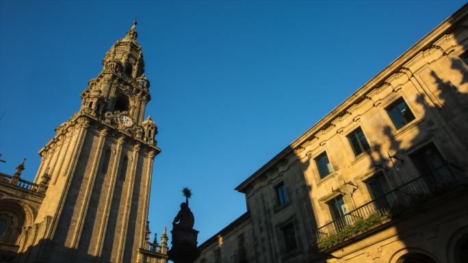 国外教堂日落光影延时 西班牙圣地亚哥教堂