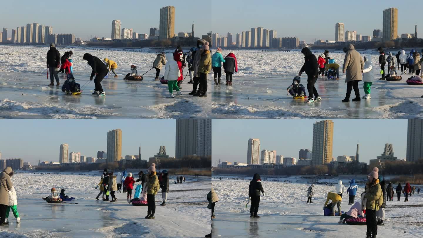 冰冻的江面人们溜冰游戏