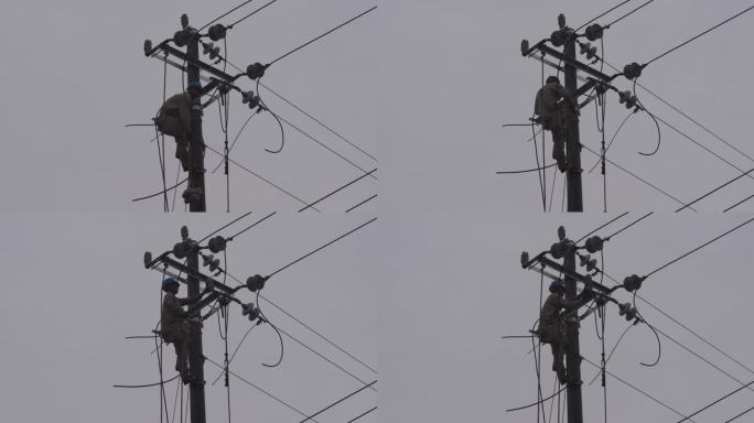 电工电线杆抢修电路修理工雨天安装电线电路