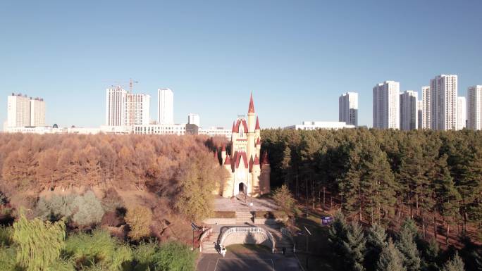 哈尔滨秋季公园风景航拍