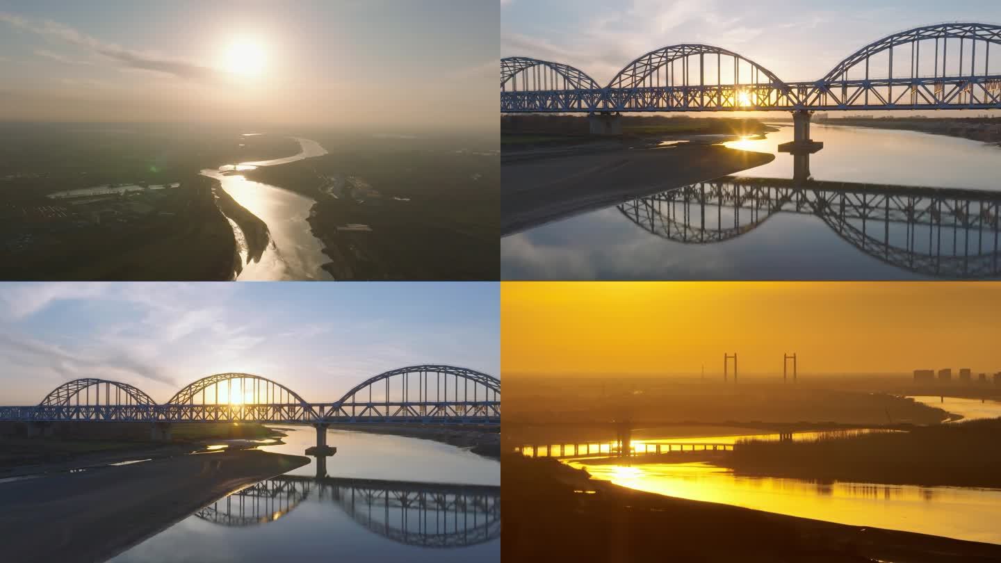 4K航拍夕阳下的京沪高铁济南黄河大桥