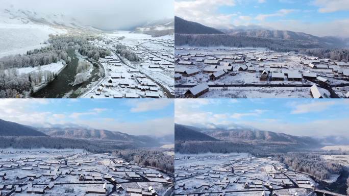 航拍新疆禾木村雪后景色